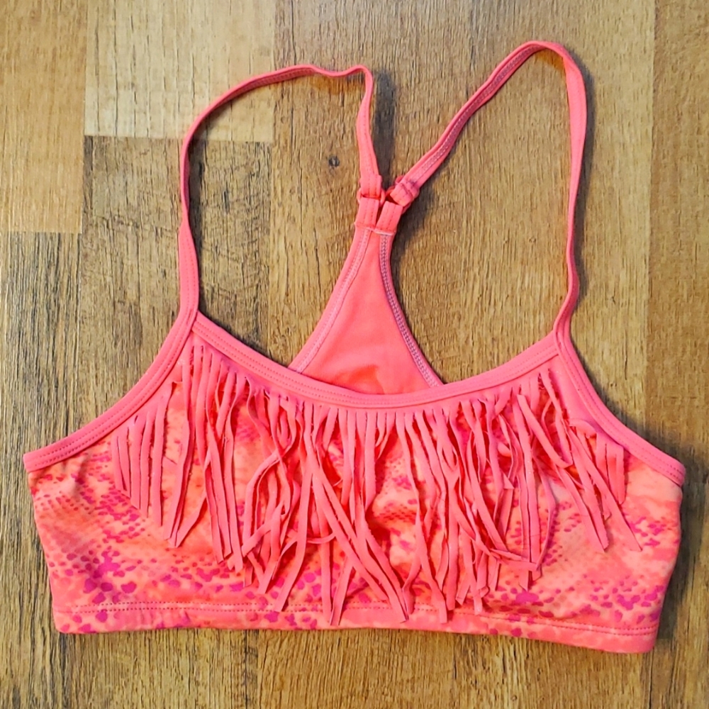 Justice Fluorescent Coral Fringed Swim Bikini Top Size 14‎ Girl